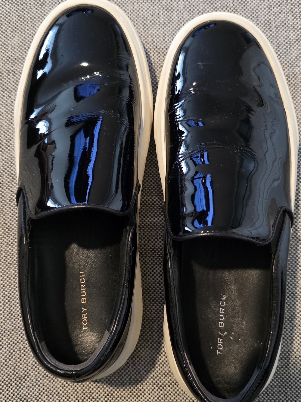 Tory Burch Black Patent Slip-On Sneakers with Cream Soles